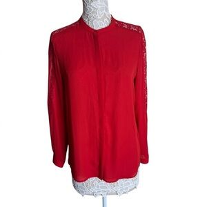 The Kooples Collarless Red Lace Detail Blouse size Large